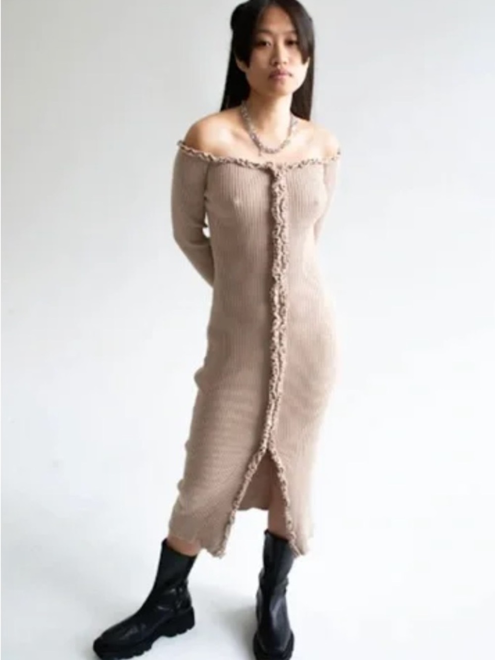 Find Me Now Charlie Ribbed Knit Midi Dress Large Taupe Romantic Coquette Dress
